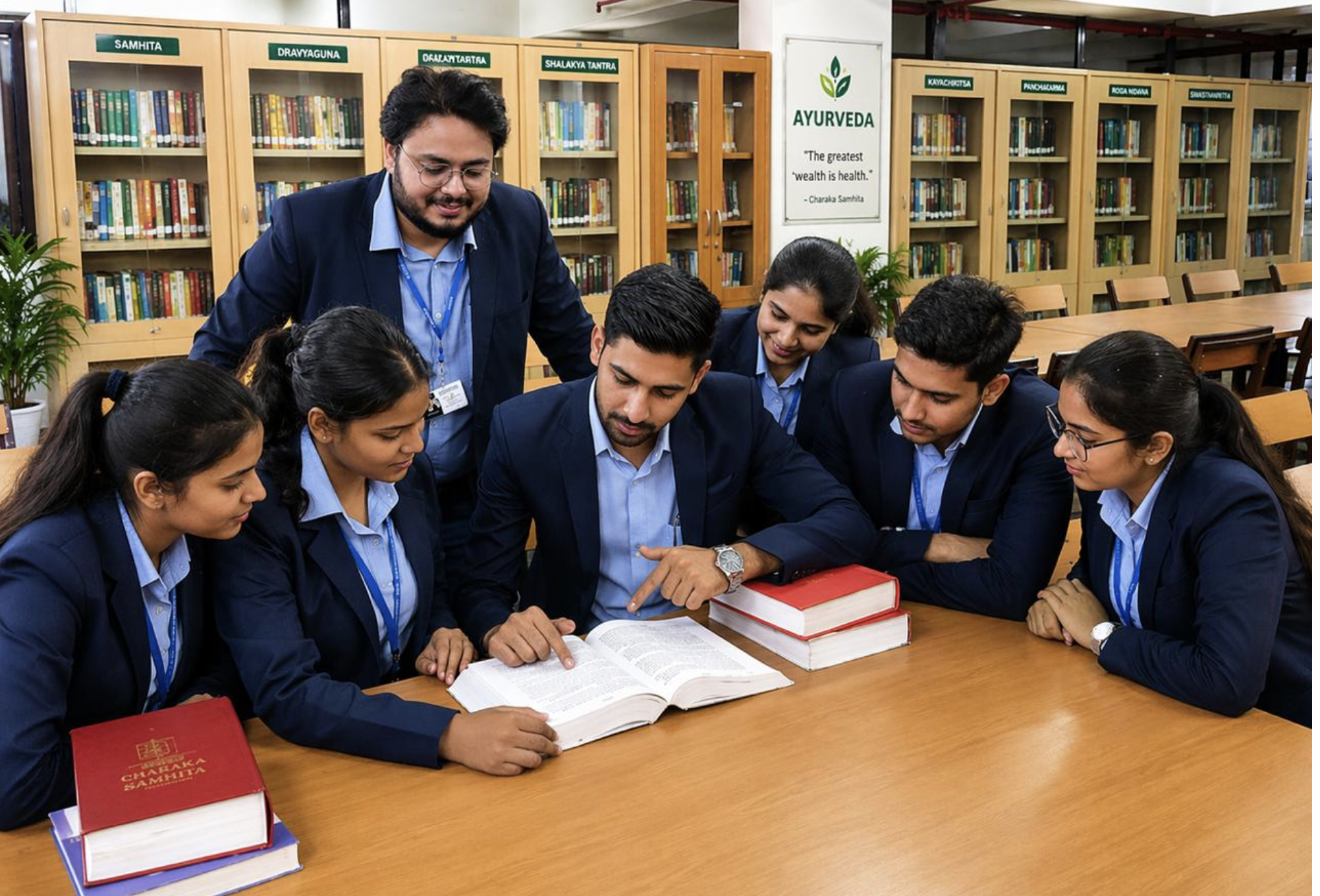 Students studying with faculty in Ayurveda library